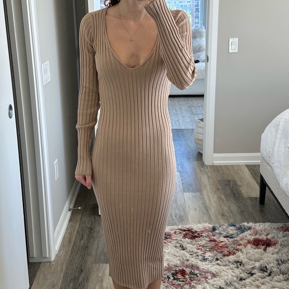 Revolve NBD Bekah Deep V Midi Dress in Nude - Picture 5 of 5